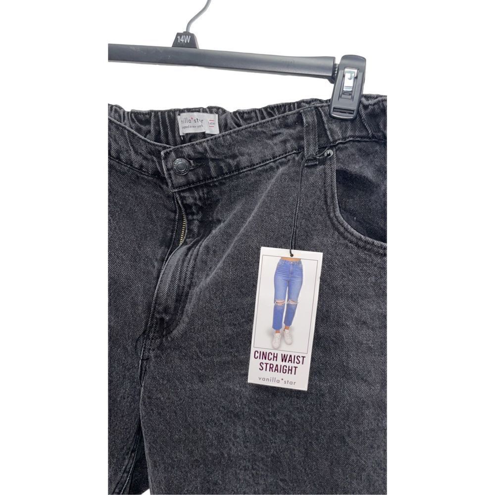 NWT Vanilla Star Jeans Cinch Waist Straight Black Distressed Jeans 14W Plus - Picture 2 of 3
